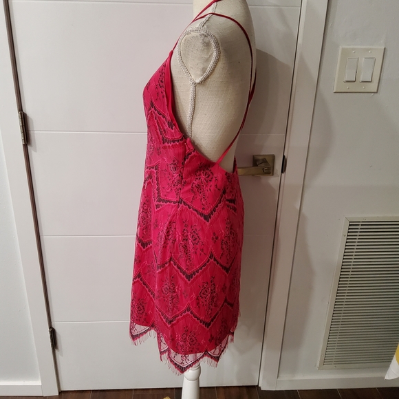 Free People Nothing Like This Hot Pink Lace Overlay Mini Dress Size 10 - Picture 6 of 14
